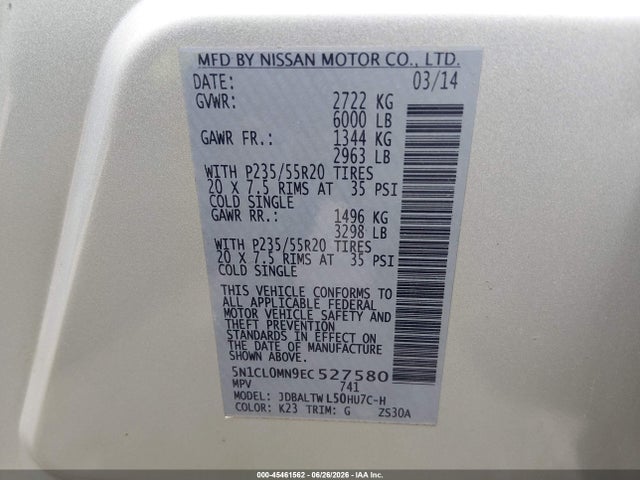 Aukcja sprzedaży 2014 Infiniti Qx60 Hybrid, vin: 5N1CL0MN9EC527580, numer aukcji: 45461562