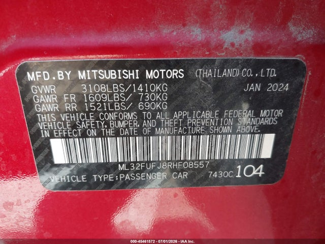 Продаж на аукціоні авто 2024 Mitsubishi Mirage G4 Le, vin: ML32FUFJ8RHF08557, номер лоту: 45461572