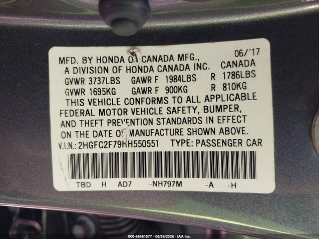 Honda CIVIC EX 2017 2HGFC2F79HH550551 Image 9