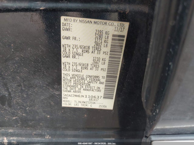2018 Nissan Murano Sl მანქანა იყიდება აუქციონზე, vin: 5N1AZ2MH6JN110637, აუქციონის ნომერი: 45461587