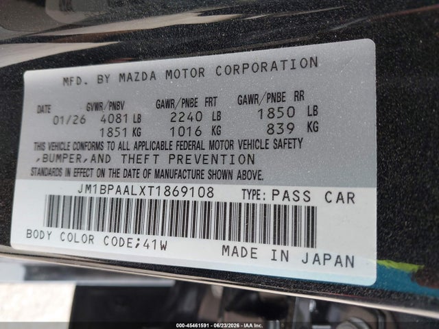 Aukcja sprzedaży 2026 Mazda Mazda3 2.5 S, vin: JM1BPAALXT1869108, numer aukcji: 45461591