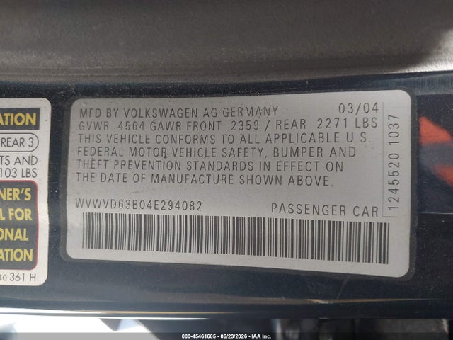 2004 Volkswagen Passat Gls მანქანა იყიდება აუქციონზე, vin: WVWVD63B04E294082, აუქციონის ნომერი: 45461605