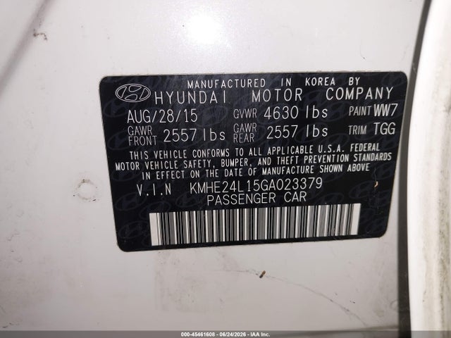 Aukcja sprzedaży 2016 Hyundai Sonata Hybrid Se, vin: KMHE24L15GA023379, numer aukcji: 45461608