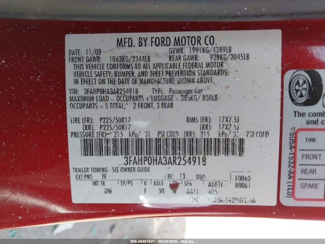45461621 :رقم المزاد ، 3FAHP0HA3AR254918 vin ، 2010 Ford Fusion Se مزاد بيع