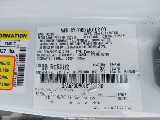Продаж на аукціоні авто 2018 Ford Fusion Platinum/titanium, vin: 3FA6P0D90JR212130, номер лоту: 45461623
