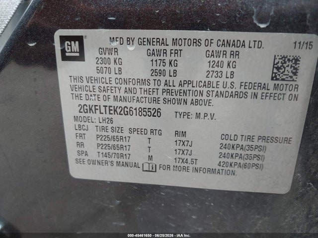 45461650 :رقم المزاد ، 2GKFLTEK2G6185526 vin ، 2016 Gmc Terrain Sle-2 مزاد بيع