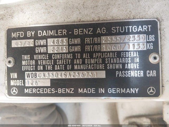 Продажа на аукционе авто 1986 Mercedes-benz 420 Sel, vin: WDBCA35D4GA256751, номер лота: 45461658