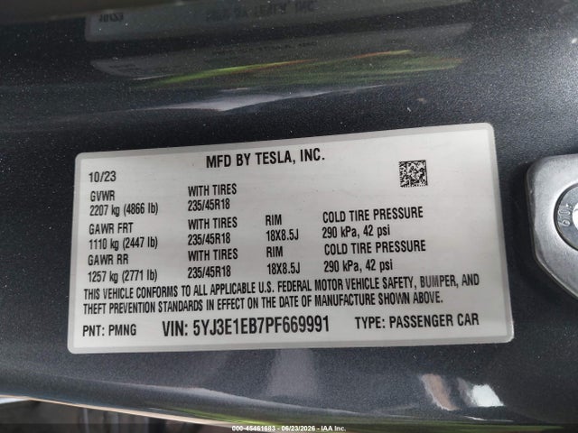 Aukcja sprzedaży 2023 Tesla Model 3 Long Range Dual Motor All-wheel Drive, vin: 5YJ3E1EB7PF669991, numer aukcji: 45461683