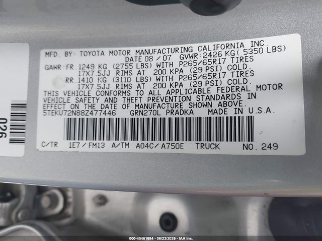 Продаж на аукціоні авто 2008 Toyota Tacoma Prerunner V6, vin: 5TEKU72N88Z477446, номер лоту: 45461684