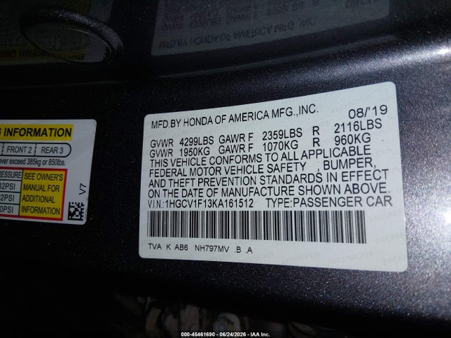 Honda ACCORD LX 2019 1HGCV1F13KA161512 Image 9