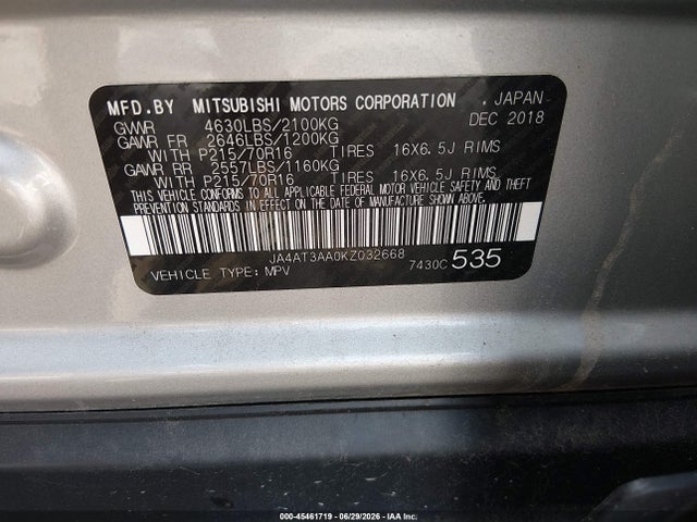 2019 Mitsubishi Eclipse Cross Es მანქანა იყიდება აუქციონზე, vin: JA4AT3AA0KZ032668, აუქციონის ნომერი: 45461719