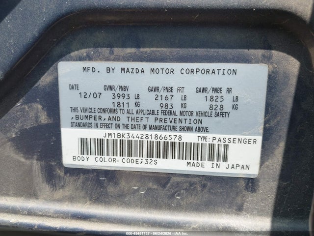 Продаж на аукціоні авто 2008 Mazda Mazda3 S Sport, vin: JM1BK344281866578, номер лоту: 45461737