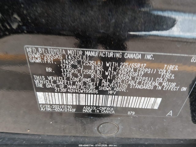 Продаж на аукціоні авто 2012 Toyota Rav4, vin: 2T3BF4DV4CW199686, номер лоту: 45461744