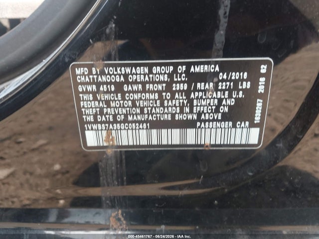 Aukcja sprzedaży 2016 Volkswagen Passat 1.8t Se, vin: 1VWBS7A35GC052461, numer aukcji: 45461767