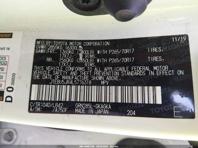2020 Toyota 4runner Sr5 Premium მანქანა იყიდება აუქციონზე, vin: JTEBU5JR4L5776318, აუქციონის ნომერი: 45461768