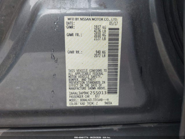 2017 Nissan Altima 2.5 Sr მანქანა იყიდება აუქციონზე, vin: 1N4AL3AP9HC255013, აუქციონის ნომერი: 45461774