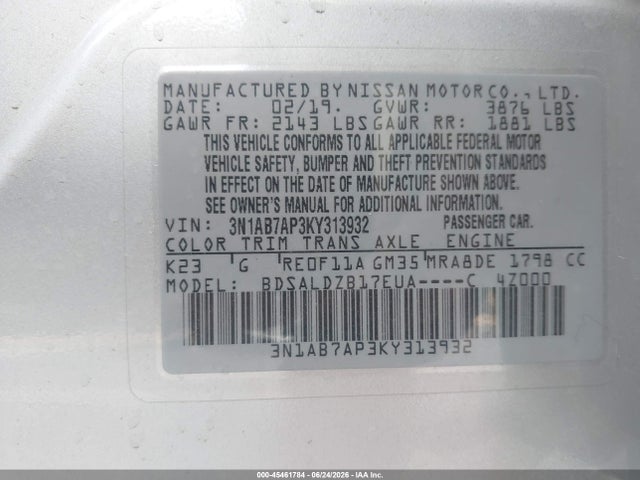 Nissan SENTRA SV 2019 3N1AB7AP3KY313932 Image 9
