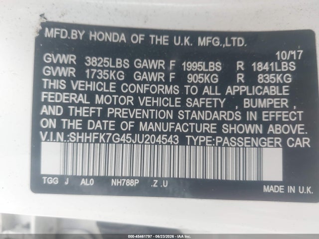 SHHFK7G45JU204543 Honda Civic Sport