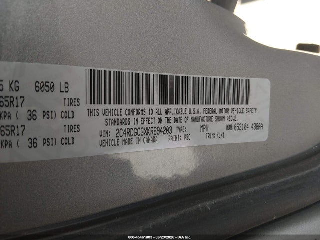 Aukcja sprzedaży 2019 Dodge Grand Caravan Sxt, vin: 2C4RDGCGXKR694203, numer aukcji: 45461803