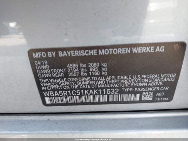 45461805 :رقم المزاد ، WBA5R1C51KAK11632 vin ، 2019 Bmw 330i مزاد بيع