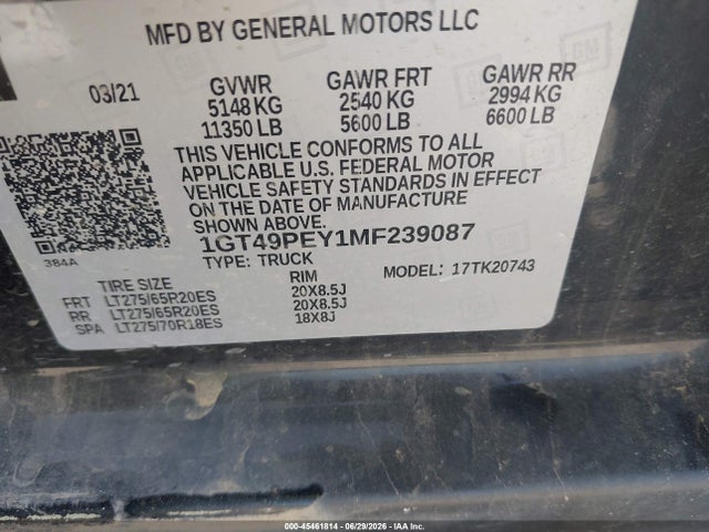 Продаж на аукціоні авто 2021 Gmc Sierra 2500hd 4wd  Standard Bed At4, vin: 1GT49PEY1MF239087, номер лоту: 45461814
