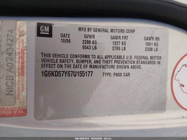 45461818 :رقم المزاد ، 1G6KD57Y67U155177 vin ، 2007 Cadillac Dts Professional V8 مزاد بيع