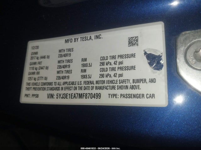 Tesla Model 3 Standard Range Plus Rear-wheel Drive 2021 5YJ3E1EA7MF870499 Image 9