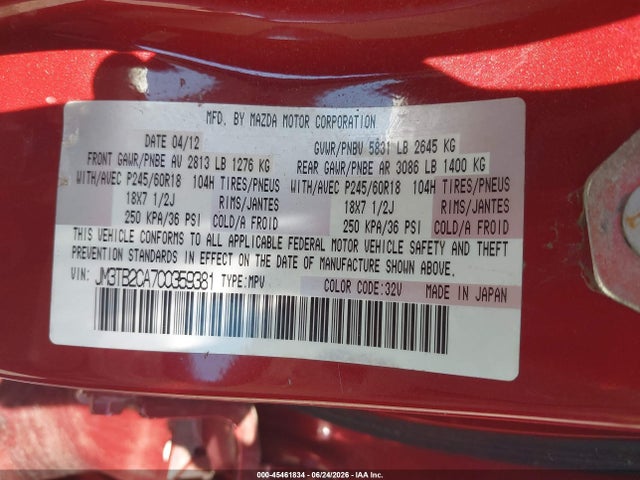 2012 Mazda Cx-9 Touring მანქანა იყიდება აუქციონზე, vin: JM3TB2CA7C0359381, აუქციონის ნომერი: 45461834