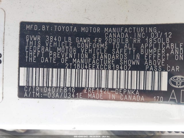 45461843 :رقم المزاد ، 2T1BU4EEXCC819407 vin ، 2012 Toyota Corolla Le مزاد بيع