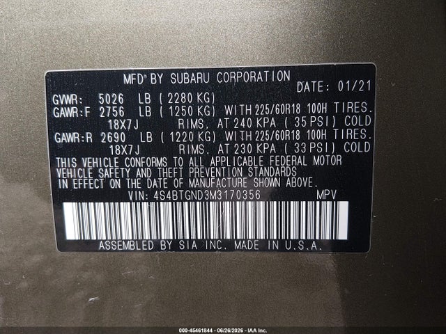 45461844 :رقم المزاد ، 4S4BTGND3M3170356 vin ، 2021 Subaru Outback Limited Xt مزاد بيع