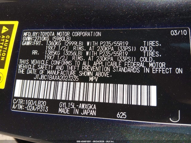 Продажа на аукционе авто 2010 Lexus Rx 450h, vin: JTJBC1BAXA2023235, номер лота: 45461891