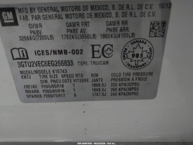 Aukcja sprzedaży 2014 Gmc Sierra 1500 Slt, vin: 3GTU2VEC6EG266833, numer aukcji: 45461893