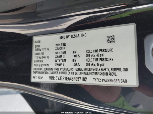 Продаж на аукціоні авто 2025 Tesla Model 3 Long Range Rear-wheel Drive/standard Rear-wheel Drive, vin: 5YJ3E1EA4SF057182, номер лоту: 45461896