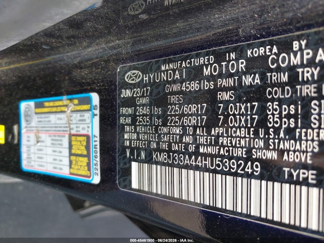 Aukcja sprzedaży 2017 Hyundai Tucson Se Plus, vin: KM8J33A44HU539249, numer aukcji: 45461900