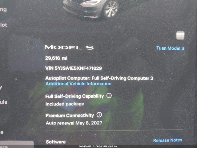 Продаж на аукціоні авто 2022 Tesla Model S Dual Motor All-wheel Drive, vin: 5YJSA1E5XNF471629, номер лоту: 45461917