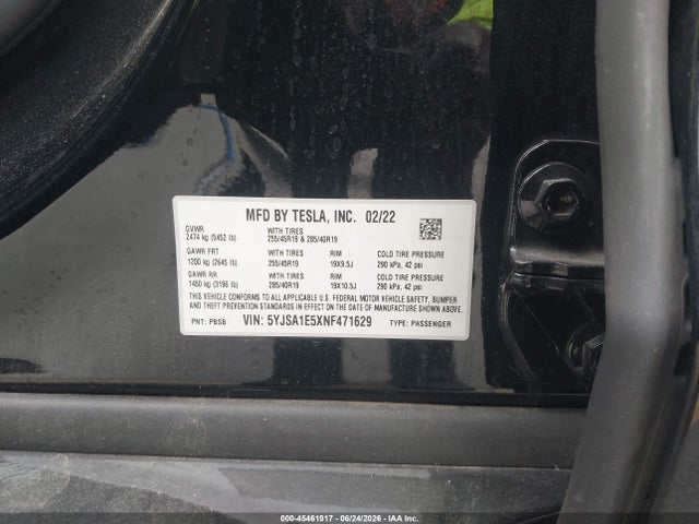 Продаж на аукціоні авто 2022 Tesla Model S Dual Motor All-wheel Drive, vin: 5YJSA1E5XNF471629, номер лоту: 45461917