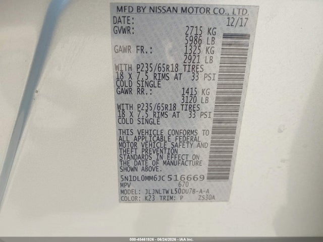 Aukcja sprzedaży 2018 Infiniti Qx60, vin: 5N1DL0MM6JC516669, numer aukcji: 45461926