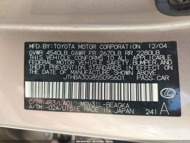 Продажа на аукционе авто 2005 Lexus Es 330, vin: JTHBA30G855095601, номер лота: 45461927