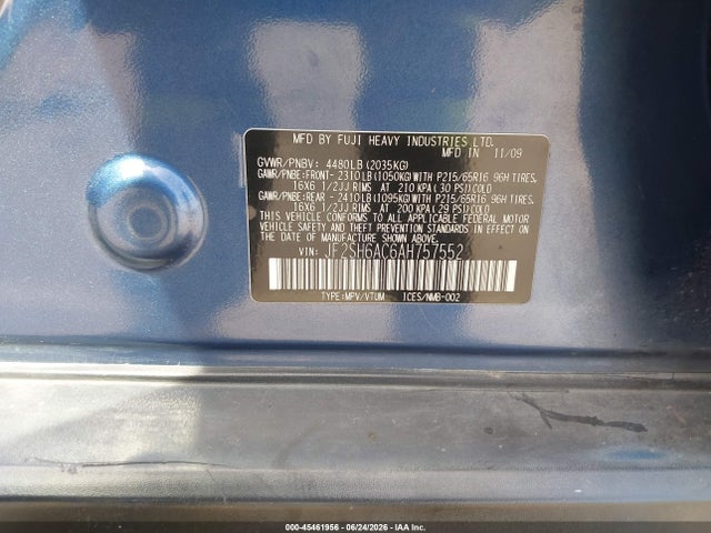45461956 :رقم المزاد ، JF2SH6AC6AH757552 vin ، 2010 Subaru Forester 2.5x مزاد بيع