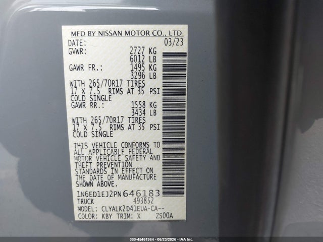 45461964 :رقم المزاد ، 1N6ED1EJ2PN646183 vin ، 2023 Nissan Frontier Pro-x 4x2 مزاد بيع
