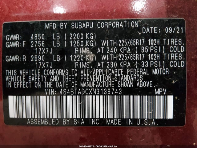 Aukcja sprzedaży 2022 Subaru Outback Premium, vin: 4S4BTADCXN3139743, numer aukcji: 45461972