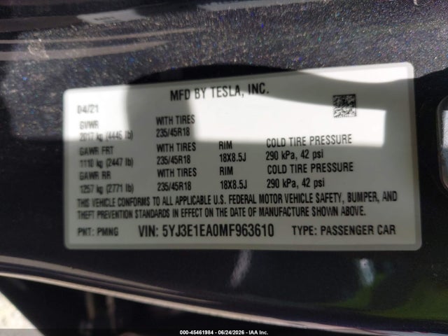 Tesla Model 3 Standard Range Plus Rear-wheel Drive 2021 5YJ3E1EA0MF963610 Image 9