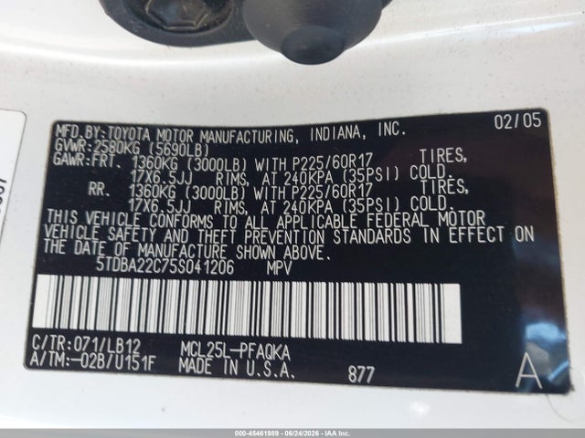2005 Toyota Sienna Xle მანქანა იყიდება აუქციონზე, vin: 5TDBA22C75S041206, აუქციონის ნომერი: 45461989