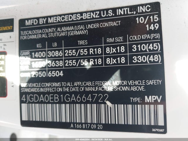 Aukcja sprzedaży 2016 Mercedes-benz Gle 300d 4matic, vin: 4JGDA0EB1GA664722, numer aukcji: 45462004