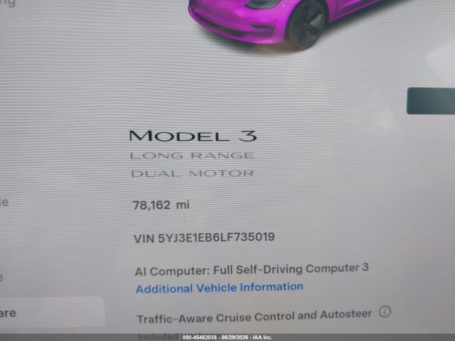 Aukcja sprzedaży 2020 Tesla Model 3 Long Range Dual Motor All-wheel Drive, vin: 5YJ3E1EB6LF735019, numer aukcji: 45462038