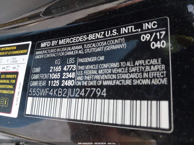 Aukcja sprzedaży 2018 Mercedes-benz C 300 4matic, vin: 55SWF4KB2JU247794, numer aukcji: 45462039