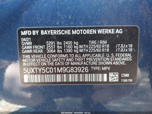 Продаж на аукціоні авто 2021 Bmw X3 Xdrive30i, vin: 5UXTY5C01M9G83926, номер лоту: 45462092