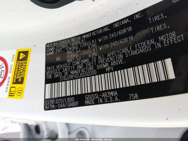 45462144 :رقم المزاد ، 5TDJZRFH2JS550200 vin ، 2018 Toyota Highlander Xle مزاد بيع