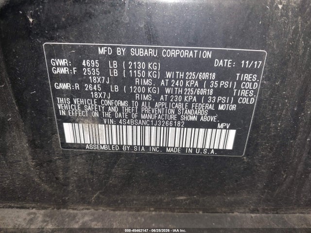 Aukcja sprzedaży 2018 Subaru Outback 2.5i Limited, vin: 4S4BSANC1J3266182, numer aukcji: 45462147