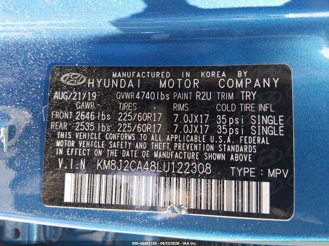 45462155 :رقم المزاد ، KM8J2CA48LU122308 vin ، 2020 Hyundai Tucson Se مزاد بيع
